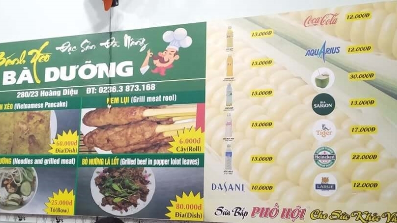 Menu quán bánh xèo Bà Dưỡng