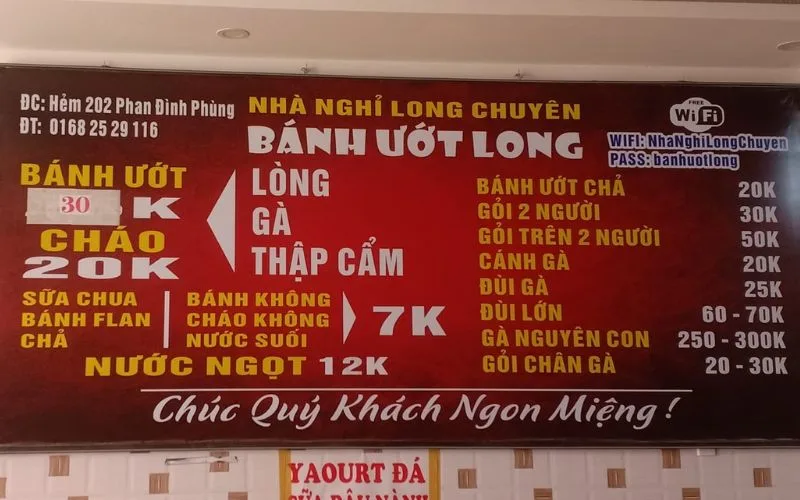 Thực đơn bánh ướt lòng gà Long Đà Lạt