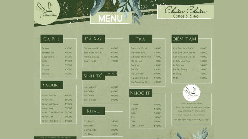 Menu của Chuồn Chuồn Bistro Đà Lạt