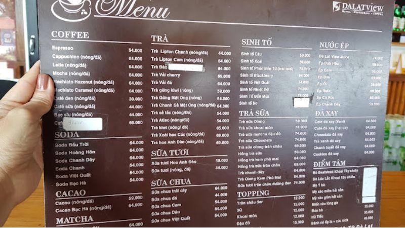 Menu và giá cả tại Đà Lạt view