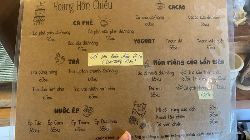 Menu tại quán