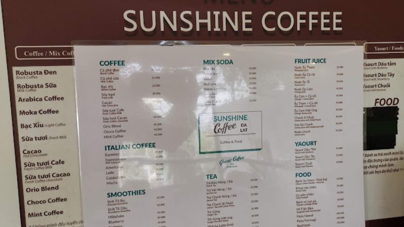 Menu thực đơn tại quán Sunshine Coffee