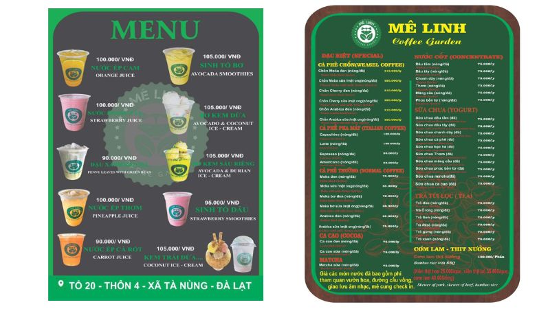 Menu thức uống tại quán Cà Phê Mê Linh Đà Lạt