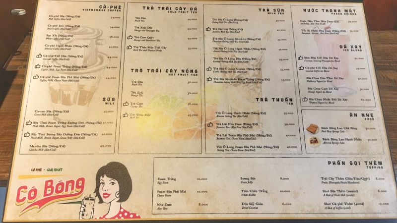 Menu và giá cả tại quán cafe Cô Bông Đà Lạt