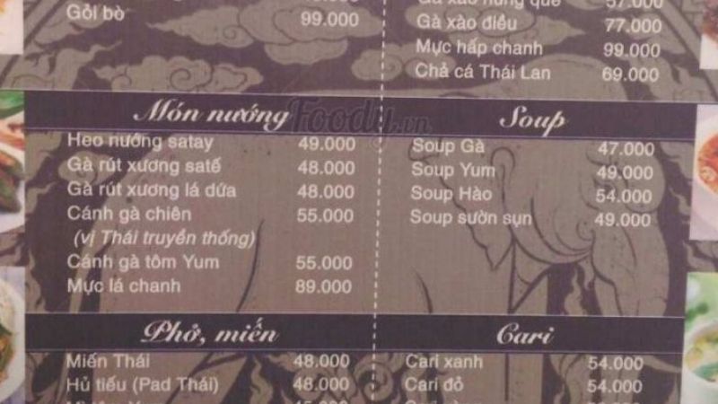 Menu món ăn của quán món Thái Khap Bun Kha