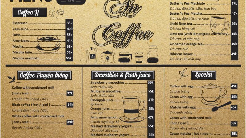 Menu và giá tại An Cafe