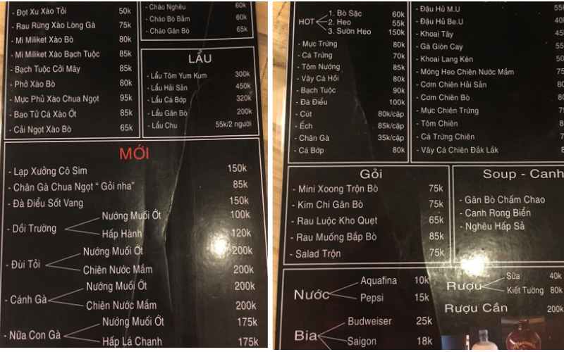 Menu, thực đơn quán