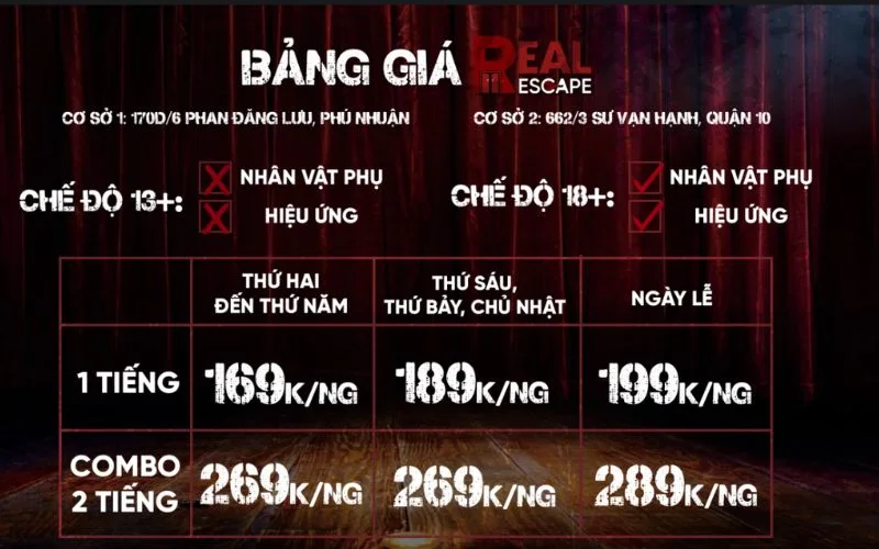 Bảng giá niêm yết tại Real Escape TP. Hồ Chí Minh